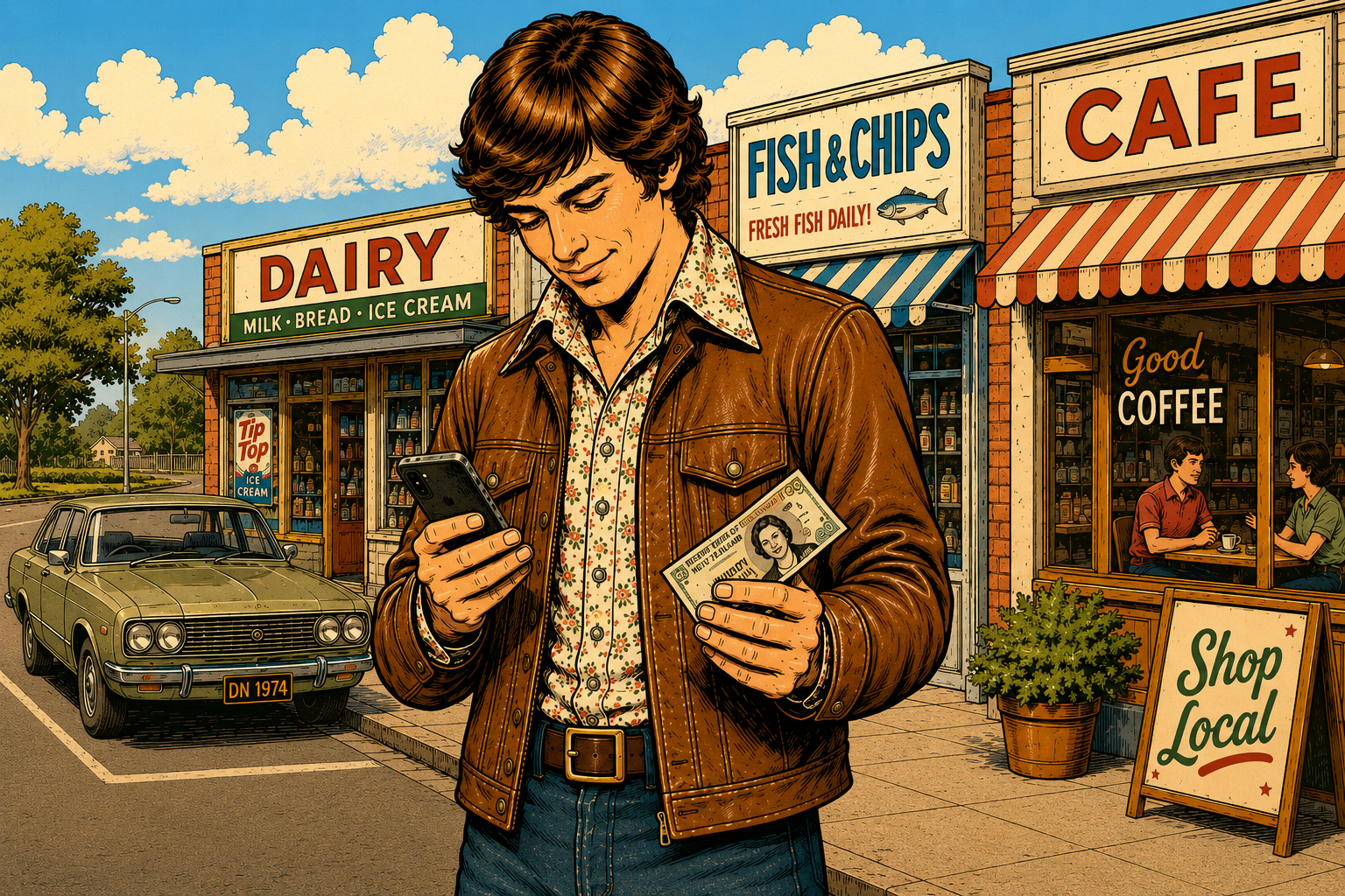 A Dollar Dash player checking a banknote outside local New Zealand businesses